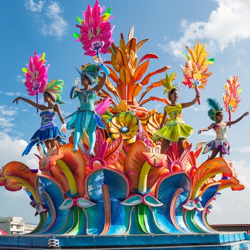 Feel the energetic rhythm and vibrant melodies of a lively carnival, complete with colorful dancers and performers, creating an atmosphere bursting with joy and celebration.