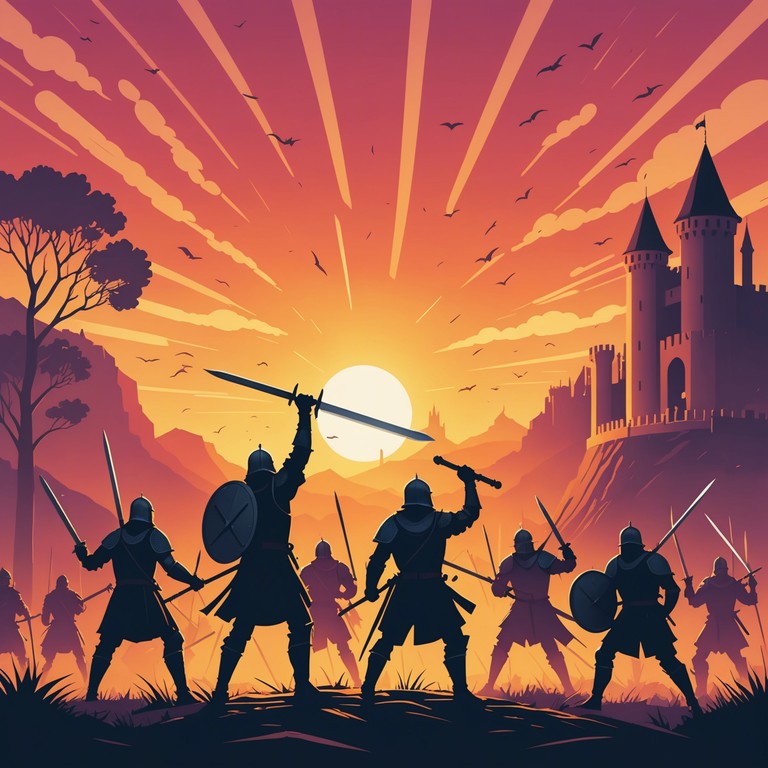 Imagine a scene of grand celebration under the starlit sky, where powerful guitar riffs meet the clashing sound of victory bells, resonating with a blend of triumph and elation after a long fought battle. This song captures the essence of a medieval victory celebration, modernized by electric guitar and amplified by the bell's ancient tone.