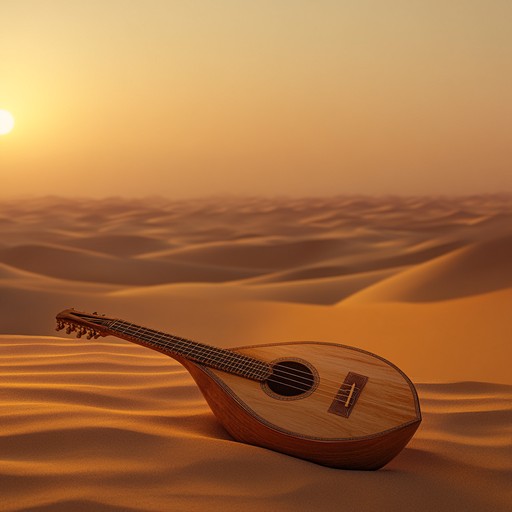 A solo oud piece that conveys deep feelings of loneliness and longing, set against the backdrop of the silent, expansive middle eastern desert, invoking a sense of timelessness and emotional depth.