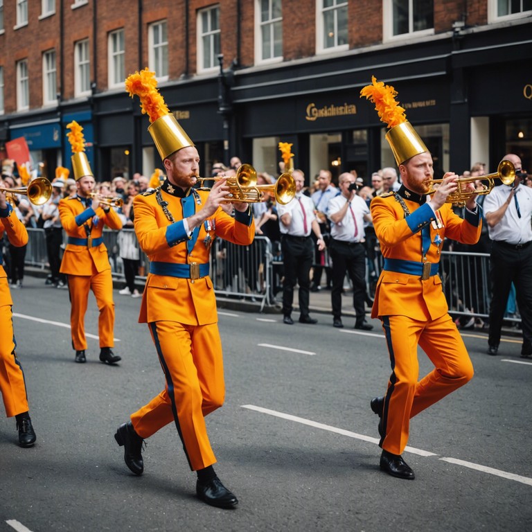 Imagine a grand ballroom turned dance floor, where the trumpets blare and modern uk jack swing beats captivate the audience with a blend of old and new musical traditions. The piece serves as a soundtrack for a new age royal event, brimming with pomp, circumstance, and street smart stylishness.