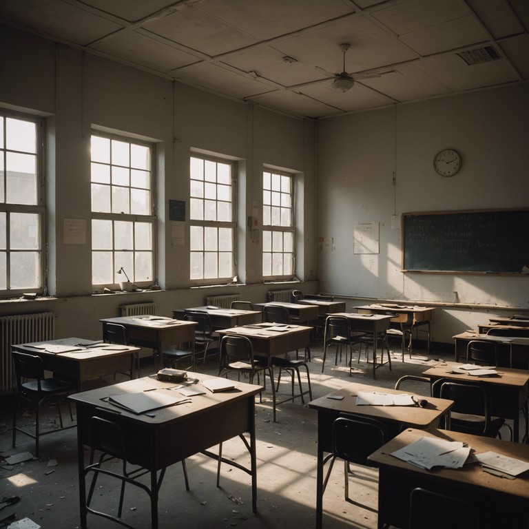 An atmospheric track visualizing a dimly lit abandoned school, with bursts of ghostly, echoing whispers guiding the listener through empty, shadow filled classrooms, modeled after uncanny anime scenes. This eerie piece uses elements of distant bells and quiet, unsettling strings to build tension and a sense of haunting desolation.