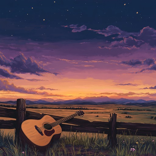 An intimate instrumental featuring soft acoustic guitar, capturing the tranquil beauty of a western sunset. Gentle melodies evoke feelings of peace and nostalgia, as if sitting beneath the evening sky on the open range.