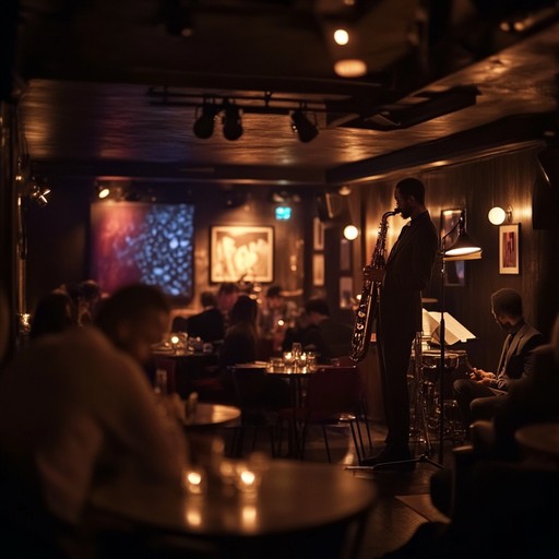 Envision an intimate jazz setting where a smooth saxophone weaves through nostalgic, soulful melodies while keeping up with an energetic swing beat. The atmosphere is drenched in romance and warmth, painting a vivid picture of timeless summer nights.