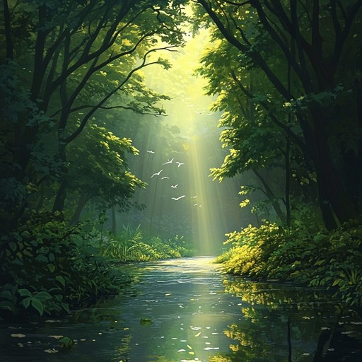 Enjoy a peaceful stroll through a quiet forest, with soft stomp like percussion, ambient nature sounds, bird songs, and flowing water providing a serene and calming atmosphere.