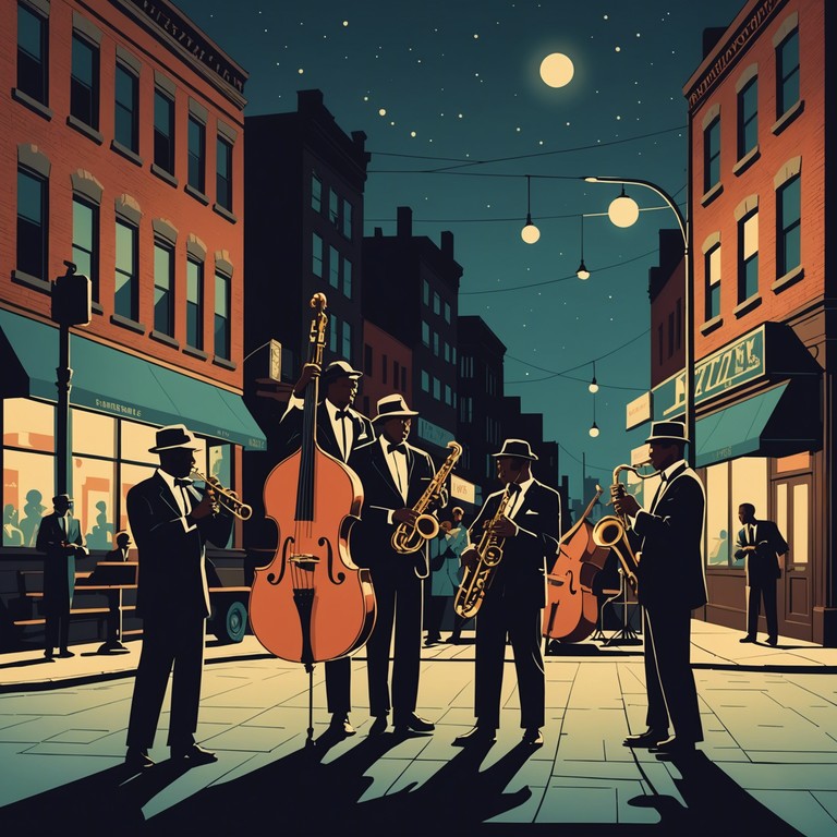 A charming blend of vintage jazz allure with a soulful modern twist creates a heartwarming soundscape. It's a sonic manifestation of laughter, dance, and communal celebration under the starlit harlem sky.