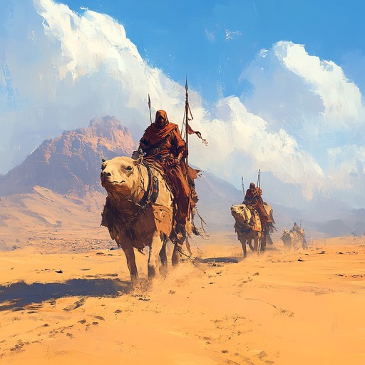 A dynamic fusion of middle eastern and north african rhythms sets the stage for a victorious journey. Its pulsating beats and intricate melodies evoke images of a confident caravan traversing the desert, led by a warrior exuding strength and determination. The music is characterized by vibrant doumbek drumming and soaring oud riffs.