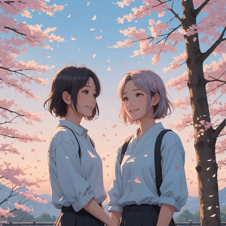 As the sun sets, the soft melodious tune accompanies two anime characters realizing their feelings for each other amidst a picturesque scene of blooming sakura.