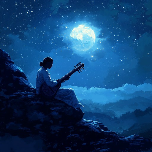 An enchanting hindustani instrumental piece featuring the sitar, blending traditional melodies with sensual undertones that evoke intimacy and mystery under a moonlit sky. The music flows with graceful improvisations and delicate nuances, transporting listeners to serene nightscapes.