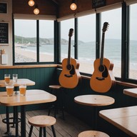 gentle guitar, sunrise reflections, seaside calm