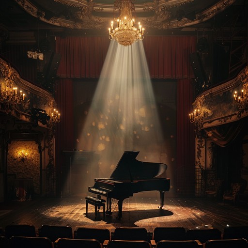 A tender, instrumental piano driven tune enhanced by delicate strings, evoking broadway's intimate romantic moments. Builds gradually, with heartfelt harmonies ideal for emotional night scenes or intimate stage dialogues.