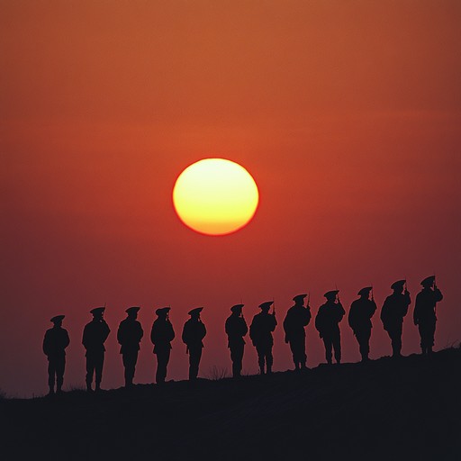 A reflective military song that uses slow, melancholic brass sections to evoke the memory of fallen comrades. The piece centers on solemn trumpet melodies, underscored by a minimalist percussion section that mirrors the cadence of a soldier's march. Strings weaved in the background add depth and emotional resonance, leaving the listener in a contemplative state.