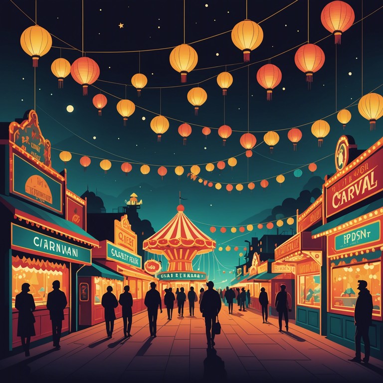 A dreamy, introspective piece that captures the enigmatic allure of a carnival after dark. The music melds gentle carousel like melodies with a reflective nature, echoing the surreal, wistful musings one might have while wandering through the vibrant, chaotic festivities under the starlit sky.