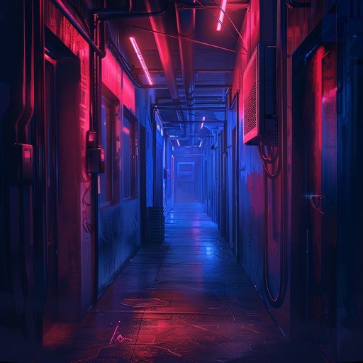 A relentless, pulsating rhythm dominates an ominous landscape steeped in dystopia. Neon glows against an eerie, dark sky as synthesizers carry a heavy, gritty vibe. The track captivates with foreboding tones and an ongoing tension.