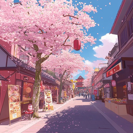 This piece captures the essence of a lively springtime festival in an anime setting, blending traditional shamisen melodies with contemporary synths. It's filled with the joyous spirit of cherry blossom season, where the streets are alive with celebration, laughter, and the beauty of nature in full bloom.