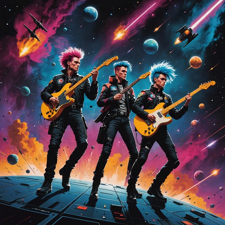 Delve deeper into an audacious cosmic uprising, where punk spirit fuels the fire of a rebel faction carving out freedom in the galaxy. Each strum on the electric guitar stirs a call to arms among the stars.