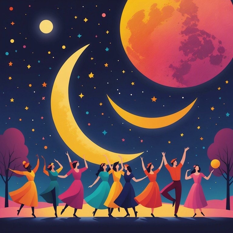 Experience the vibrancy and warmth of a traditional brazilian samba dance as the moon casts a glowing light, enhancing the night's romance and the dancers' spirited movements.