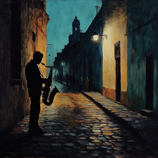 An instrumental latin jazz composition featuring an evocative saxophone melody, weaving through gentle piano chords and soft percussion, capturing the essence of heartbreak and nostalgia in a silent, moonlit city.