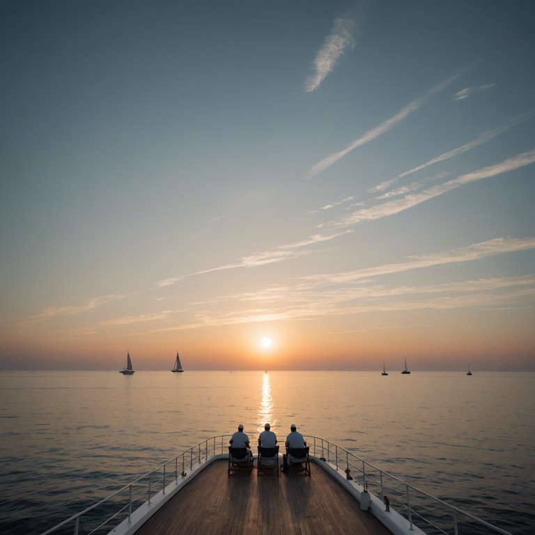 A heartwarming composition that conjures images of russian sailors recounting tales of the sea under the twilight sky. The music is introspective, with a blend of nostalgia and a deep sense of camaraderie among the crew. It captures the essence of a tranquil evening at sea, with the light of sunset reflecting on calm waters