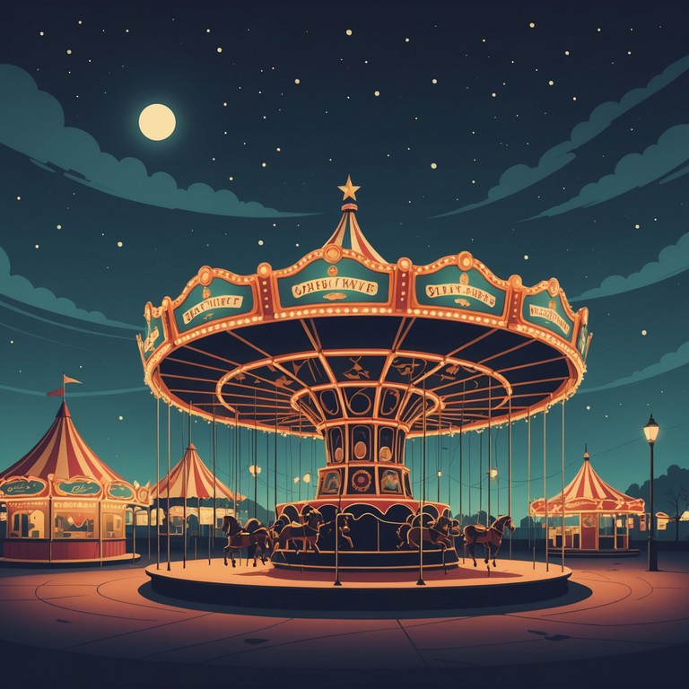 As dusk falls, eerie music emerges from an abandoned carnival, with soft, ghostly tones invoking images of mist shrouded rides and spectral figures dancing in the shadows.