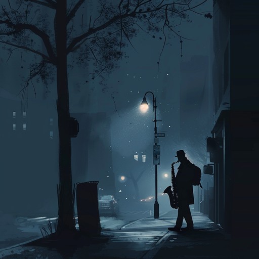 A deeply emotional and mellow jazz track centered around a lone saxophonist playing in the quiet of the night, with sparse piano notes echoing the profound sense of isolation in a dimly lit, empty street