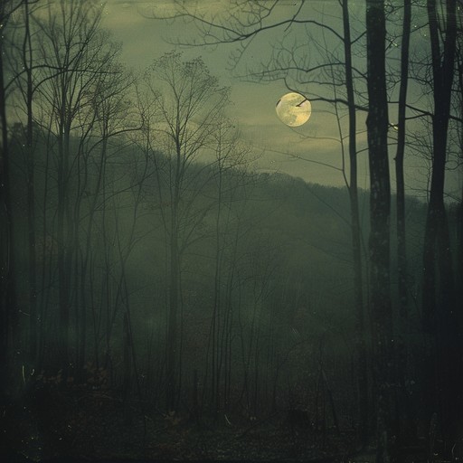 A dark, spectral bluegrass composition that evokes images of ghostly appalachian mountains, with minimal instrumentation creating an eerie atmosphere. The mournful melodies of the banjo are accompanied by a haunting fiddle, painting an aural picture of an otherworldly nighttime gathering deep in the forests of appalachia. Perfect for late night reflective moments or spine chilling tales.