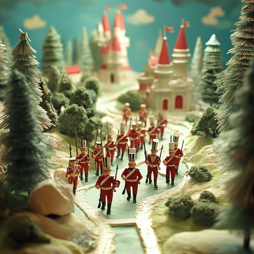 An instrumental piece blending toy instruments with orchestral elements, evoking a procession of toy soldiers in a grand parade within a magical toy kingdom.