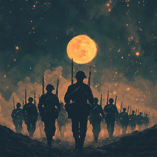 A powerful composition that combines the solemn spirituality of ancient chants with the driven intensity of military marches. The piece starts with a mystical choir invoking a sense of sacred duty, then transitions into a bold orchestral arrangement featuring brass and percussion. This dynamic contrast aims to symbolize the unity of divine purpose and human bravery in the face of conflict.