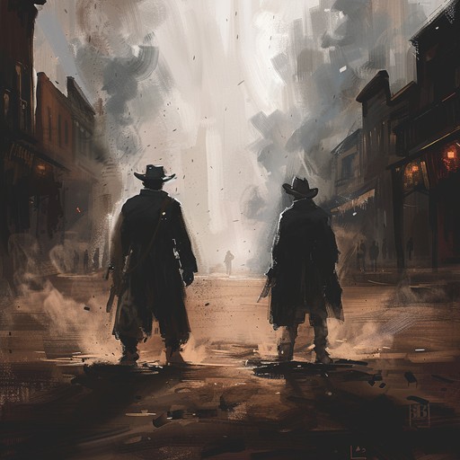 The harmonica wails amidst a tense wild west duel. The dusty streets and golden daylight paint a setting of intense rivalry and raw suspense, where every note heightens the impending clash between opposing cowboys.