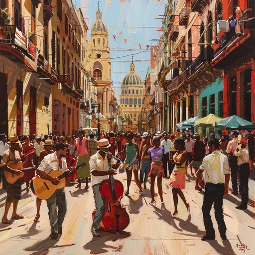 Feel the vibrant energy of afro cuban rhythms blending seamlessly with ecstatic, joyful beats, creating a musical experience that transports you to a sunlit street carnival in havana.