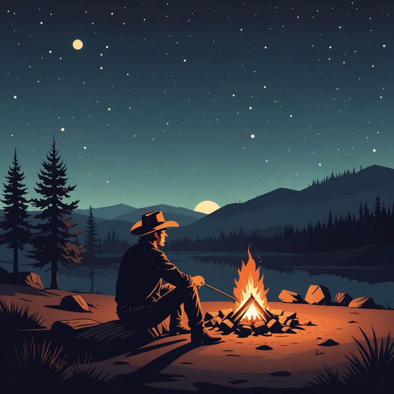 A solitary acoustic guitar resonates with melancholic tunes under a vast, star studded night sky, capturing the essence of solitude and introspection in the rural heartlands. The music invokes a deep sense of reflection, evoking the timeless spirit of country landscapes and a longing for what was once familiar and cherished.