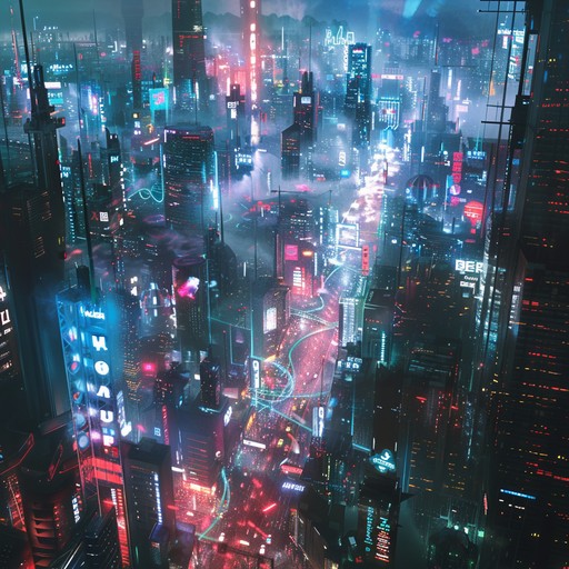 Engage in an intense, high energy cyberpunk escapade through a sprawling futuristic metropolis. The relentless synthesizer beats and pulsating rhythms mimic the rush of a high speed chase, capturing the essence of a neon drenched cityscape.