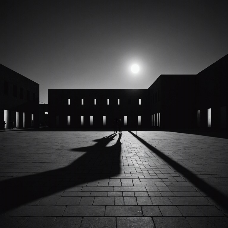 A suspenseful instrumental track featuring a haunting melody played by a spanish guitar, set in a dimly lit plaza at midnight. The song slowly builds tension with its intricate rhythms and minor progressions suggesting an unfolding mystery or an imminent encounter in a latin american town. The air is thick with anticipation and the unknown.