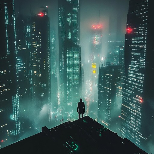 An instrumental track featuring pulsating synths and electronic rhythms that evoke the atmosphere of a dystopian cyberpunk cityscape, blending futuristic sounds with an eerie, otherworldly ambiance