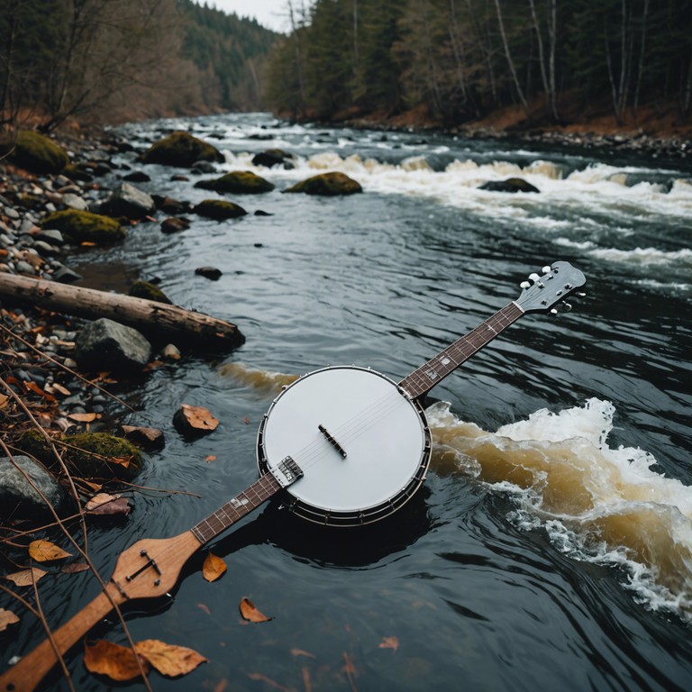 Imagine an instrumental song where each banjo note embodies the dynamic flow and overpowering energy of a sprinting stream, creating an atmosphere of unwavering movement and spirited freedom.