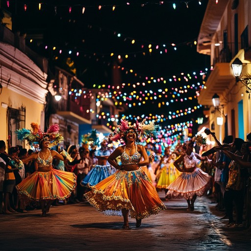 A vibrant instrumental piece that blends energetic percussion, soaring brass, and festive melodies to evoke the spirit of an epic carnival parade moving through the streets, filling the night with music and joy