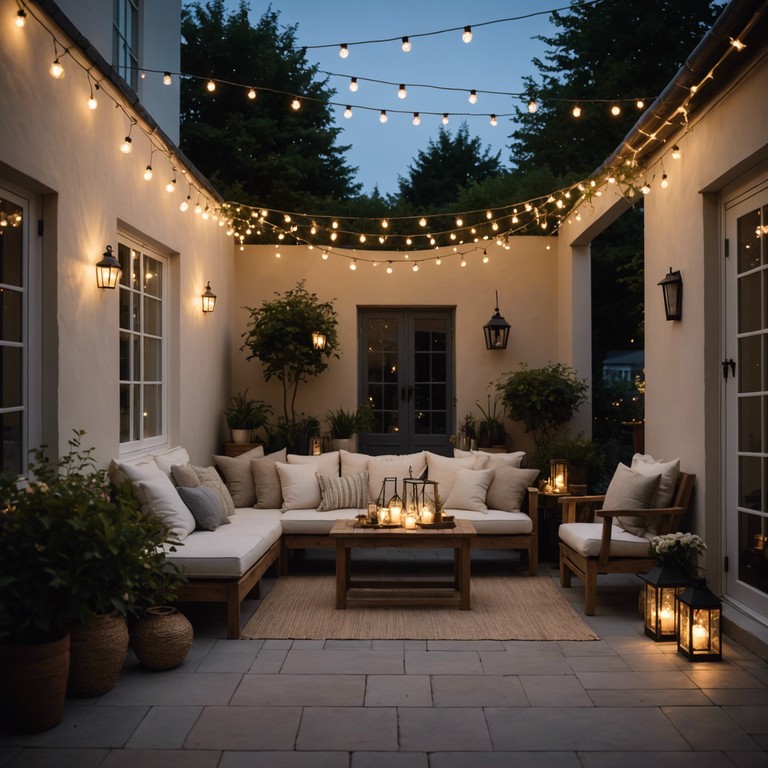 Imagine an intimate torch lounge setting where the music gently pulsates through the air like a soft beacon of joy and entertainment under a night sky adorned with stars.