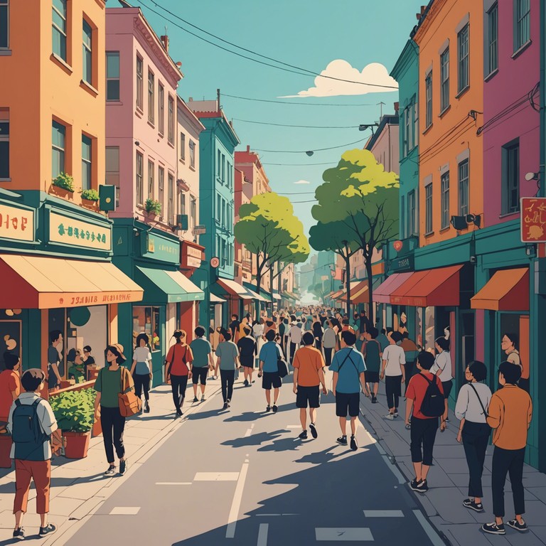 Imagine a bright morning, the city waking up to soft, lively jazz tunes that fill the streets with the joy of a new day. People walking with a pep in their step, coffee in hand, under the clear blue sky.