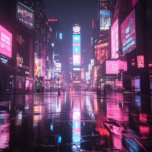 Immerse in a serene cyberpunk cityscape with soothing electronic textures, evoking feelings of tranquility amidst neon lights and digital rain showers