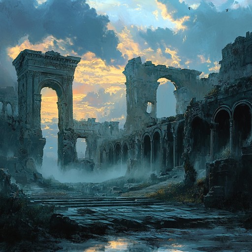 Haunting and sorrowful melodies reflecting an ancient city's abandoned ruins, where each note weaves a tale of past glories and present desolation.