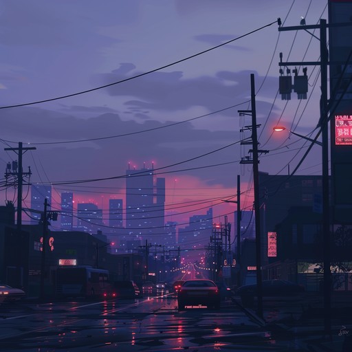 Picture a peaceful neon lit city at night, with gentle, resonant synths creating a serene and calm atmosphere evocative of a simplified, nostalgic cityscape.