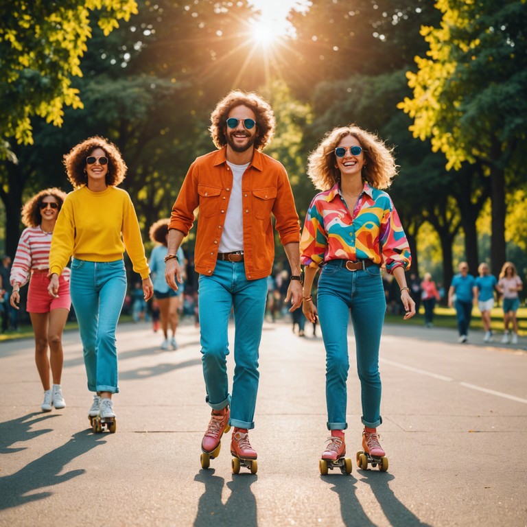 A vibrant, cheerful track that encapsulates the sunny vibe of the 1970s with playful instrumentation and an infectious beat. Designed to invoke images of outdoor roller skating under clear skies. The music combines classic 70s funk rhythms with modern synths to bridge eras. Perfect for creating a feel good, energetic atmosphere