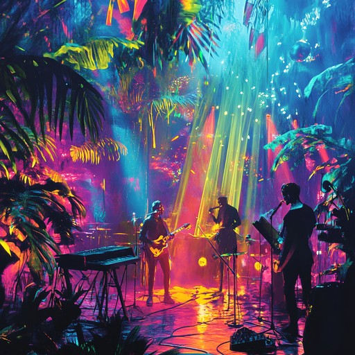 An instrumental blending funky basslines, disco grooves, and exotic jungle percussion, creating an energetic dance track that transports listeners to a midnight rainforest party.