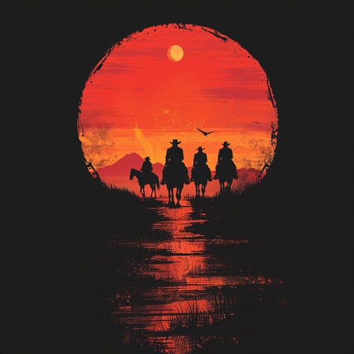 Imagine a cinematic scene where heroes ride towards the sunset in the vast american west, embodying freedom, danger, and adventure. The music captures the expansive and fearless spirit of the old frontier.