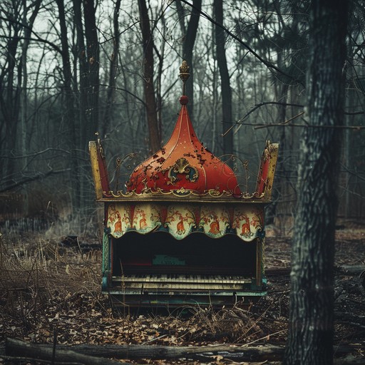 A creepy and discordant musicbox tune that conjures images of an abandoned circus, with ghostly figures lurking in the shadows. The melody is slightly off-key and dissonant, creating a sense of unease and foreboding. The musicbox sounds old and worn, as if it has been left to decay in the ruins of the forgotten circus.