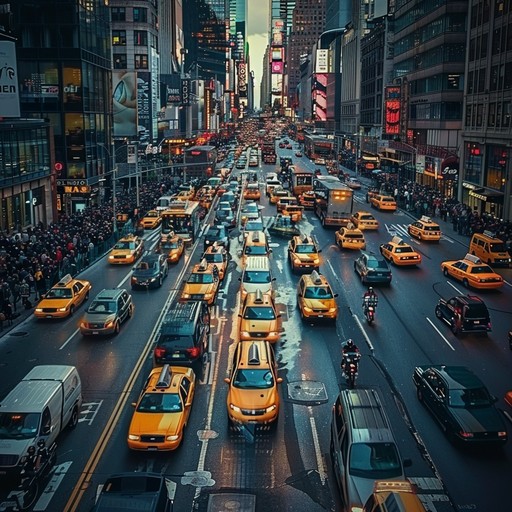 A busy city intersection during rush hour, with a cacophony of car horns, engines, and pedestrian chatter. The piece captures the frenetic energy and constant movement of urban life.