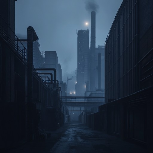 An instrumental track merging smoky dark jazz with pounding industrial rhythms, crafting a menacing soundscape of a dystopian city under siege.