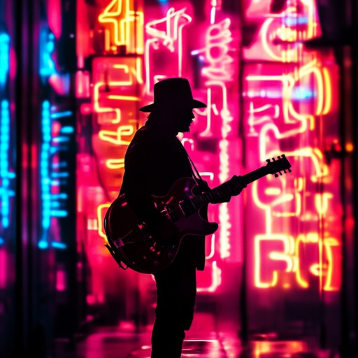 An instrumental piece that fuses electric guitar riffs and synth layers to create an atmosphere of excitement and mystery, reflecting the pulsating energy of a city illuminated by neon lights.