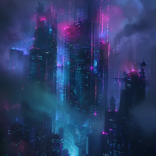 In the heart of a futuristic, digital city, shadows lurk behind neon facades, creating an atmosphere thick with tension. Electric arpeggios slice through the darkness, accompanied by beats that echo the haunting pulse of the urban environment, painting a chilling and ominous picture.