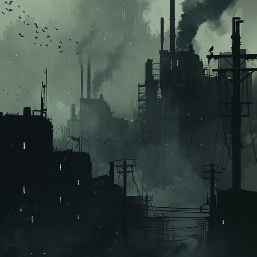 An explosive industrial rock track with distorted guitar riffs clashing against a backdrop of harsh mechanical sounds. Capturing the raw anger and unrest of urban decay, the composition weaves a narrative of industrial revolution's darker side, unleashing a storm of sonic intensity that embodies rage and chaos.