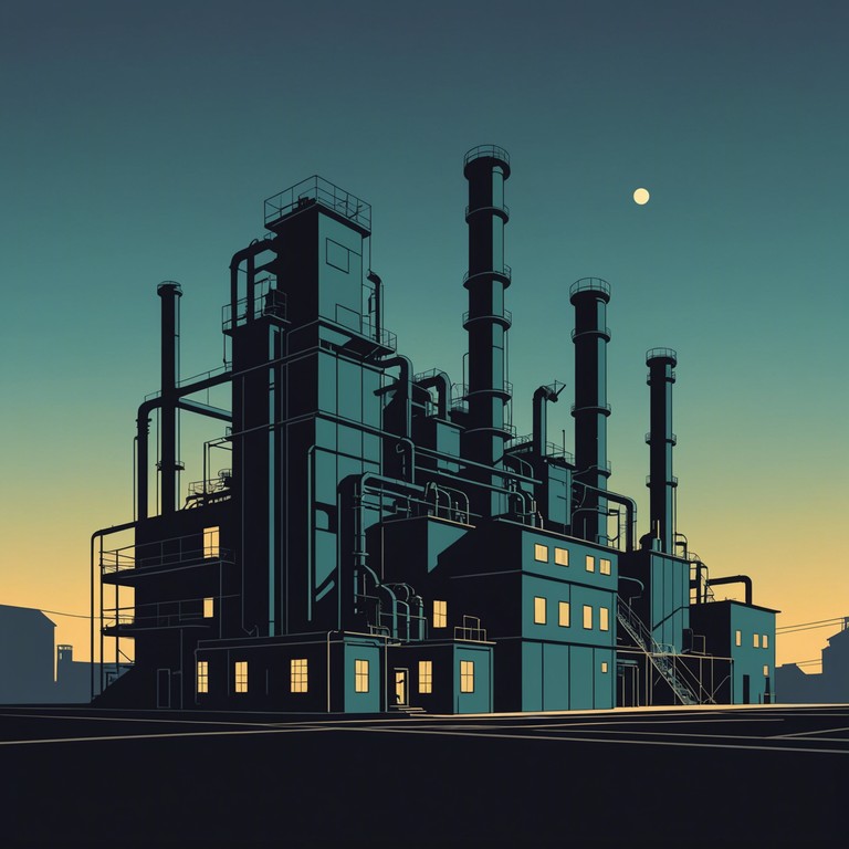 This track layers complex, gritty guitar riffs over an industrial beat, creating a dense, heavy sound. The composition is designed to evoke images of a futuristic factory at night, machines churning rhythmically as sparks fly in dim light. The relentless drive of the drums combined with distorted electric guitar forms an enveloping atmosphere of controlled chaos.